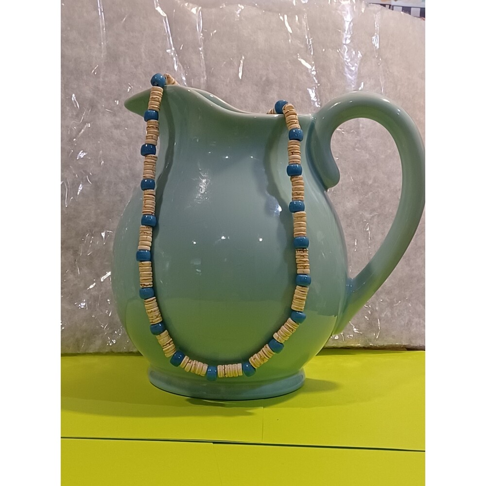 unisex necklace Blue ceramic and Cream Shell  heishe 24 inches long